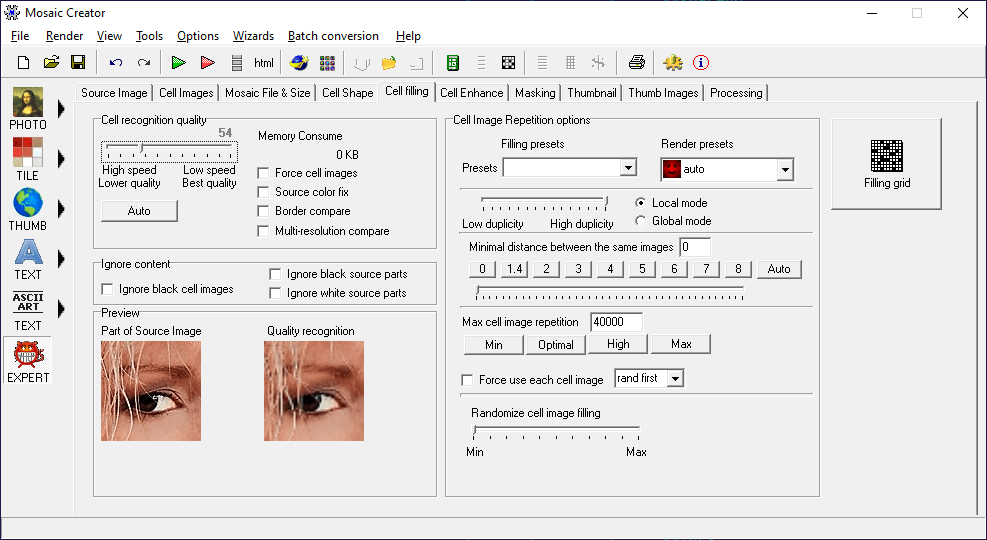 Mosaic Creator screenshot - cell image filling options