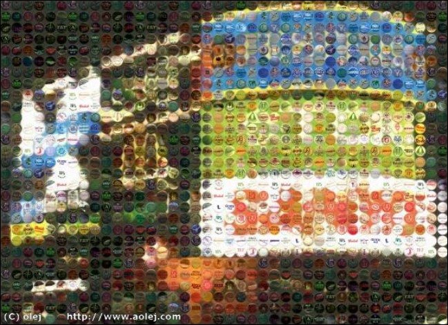 This is enhanced photo mosaic, used beer cans and circle alpha mask, background is source image.