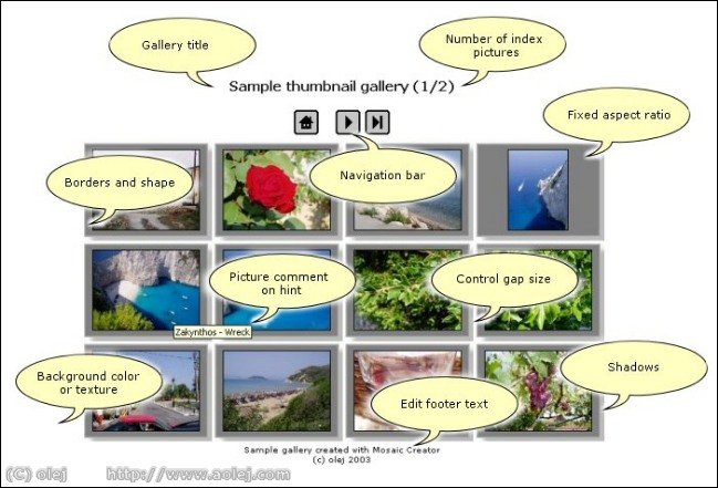 Create full featured web gallery thumbnails. There is used basic template. This thumbnail is Mosaic Creator result too.