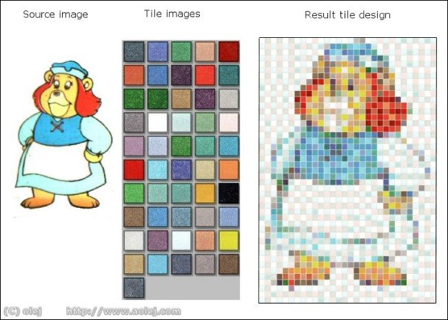 You can design tile mosaics from glass, ceramics, stones and quilts. You only need source image and cell images.