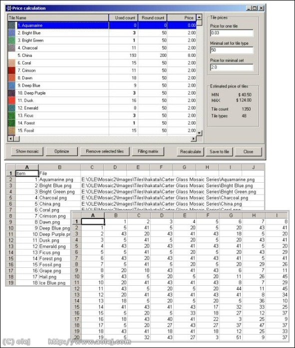 When you render your design for tile mosaic, you can use basic price calculator and export tile-filling matrix. It is all you need to start work on your mosaic.