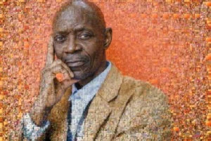 Photo mosaic of thinking man