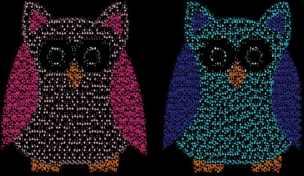Two owls - Text ascii art rendered to image - Mosaic Creator