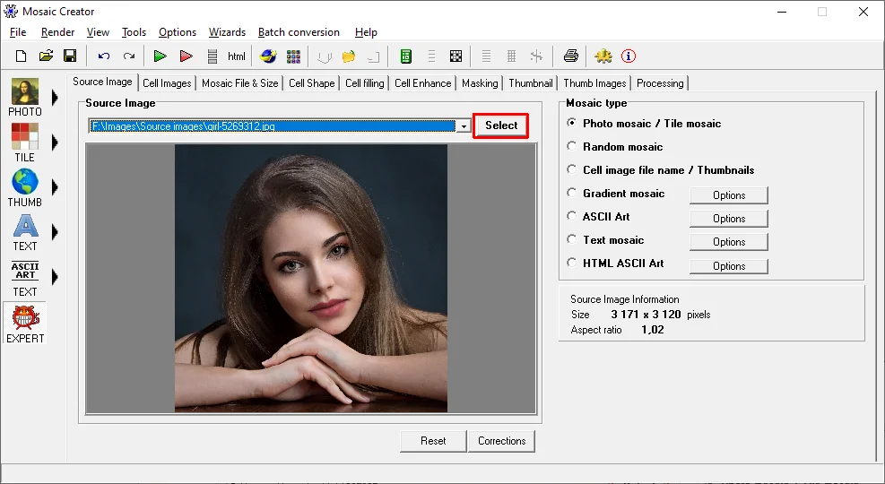 Load your photo as source image to create photo mosaic