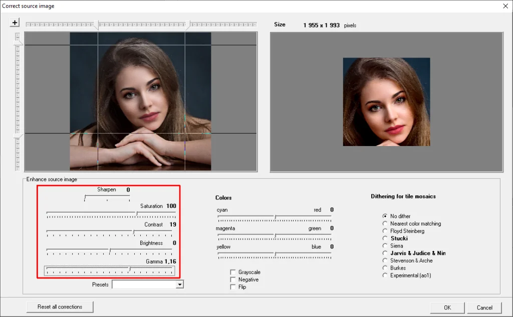 Color tweaks for source image in Mosaic Creator