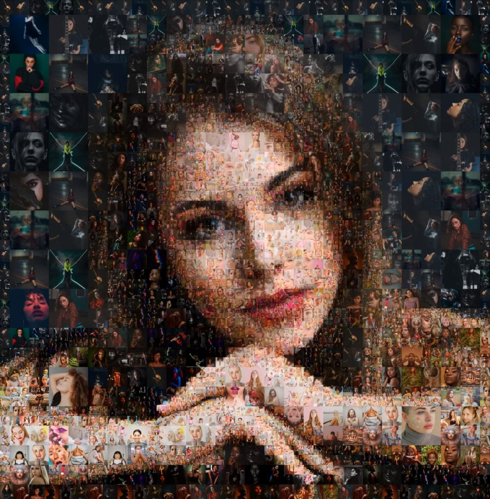 Woman face photo mosaic with different tile size created with Mosaic Creator software