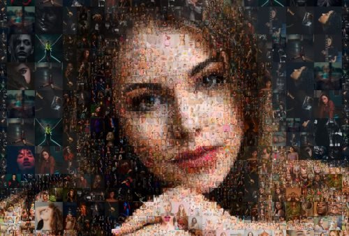Woman face photo mosaic with different tile size created with Mosaic Creator software
